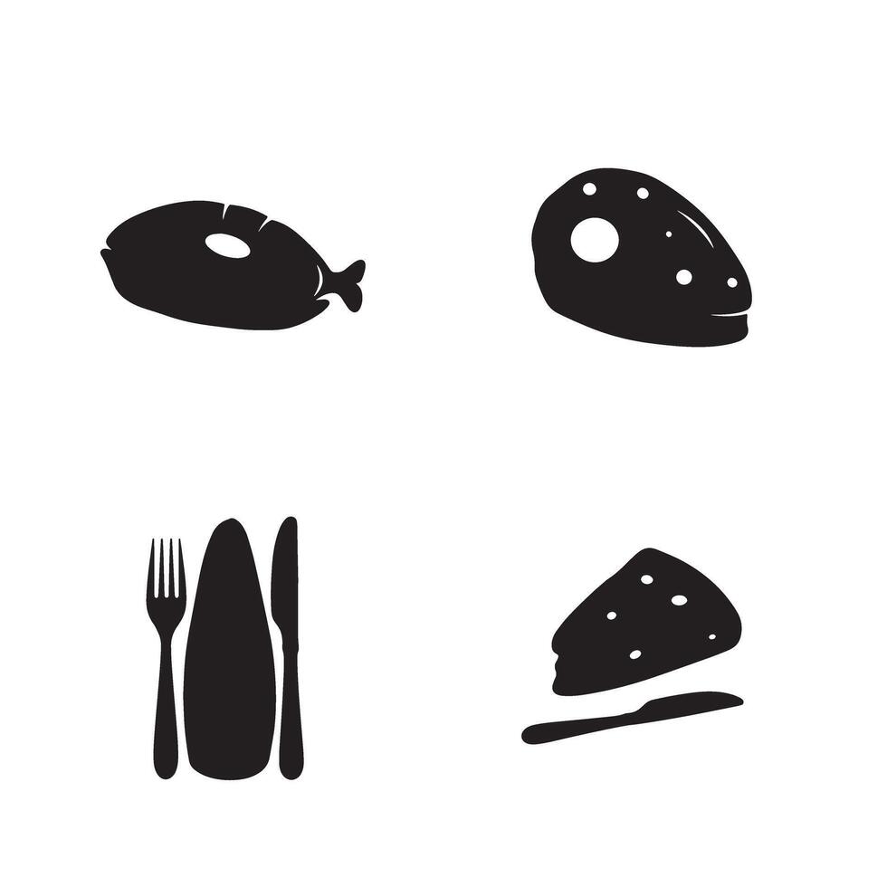 Simple black silhouette illustrations of fish cheese and cutlery set on a white background for culinary or food related concepts. vector
