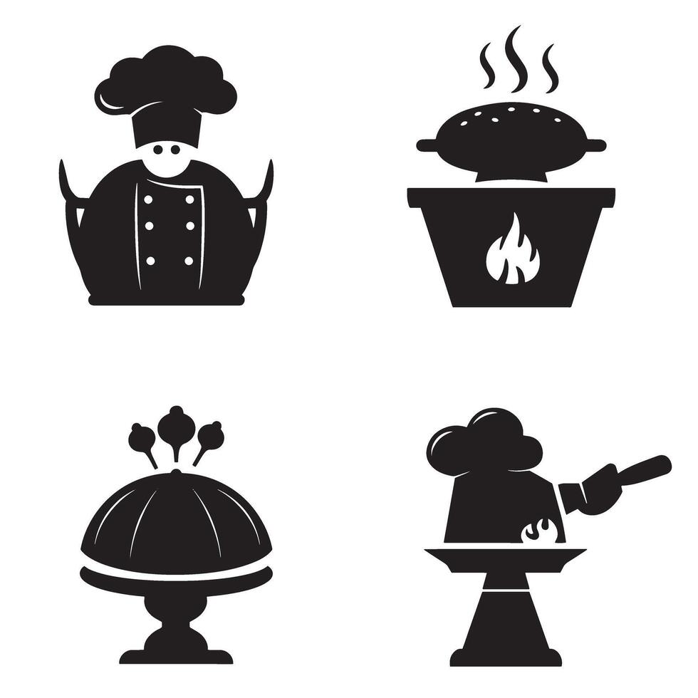 A collection of black and white culinary symbols featuring chef illustrations and food related icons for kitchen use vector