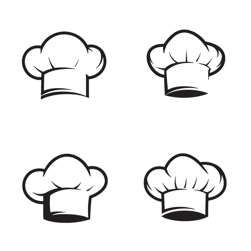 Four minimalist black and white chef hats silhouettes arranged on a clean white background for culinary themes vector