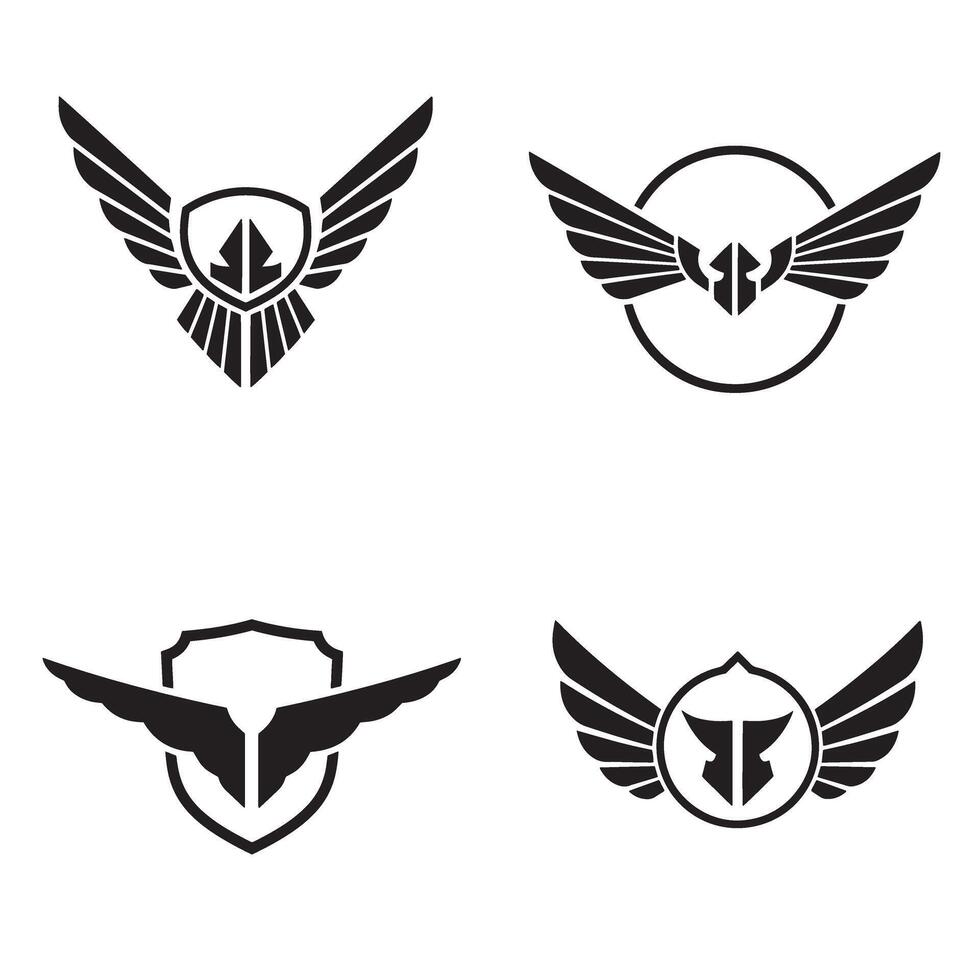 Four distinct winged emblem designs suitable for branding and logos featuring shield and elegant wing elements vector