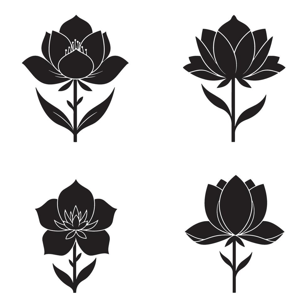 Elegant black and white floral silhouette set representing lotus blossoms and decorative botanical elements vector
