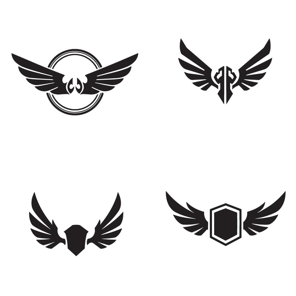 Set of four black and white winged emblems perfect for logos and branding applications with various shield shapes. vector