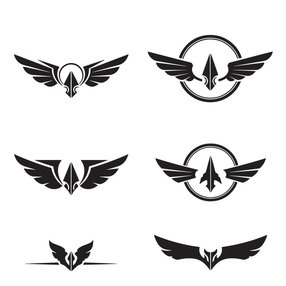 Collection of black winged arrow logos for corporate branding and emblem design on white background vector