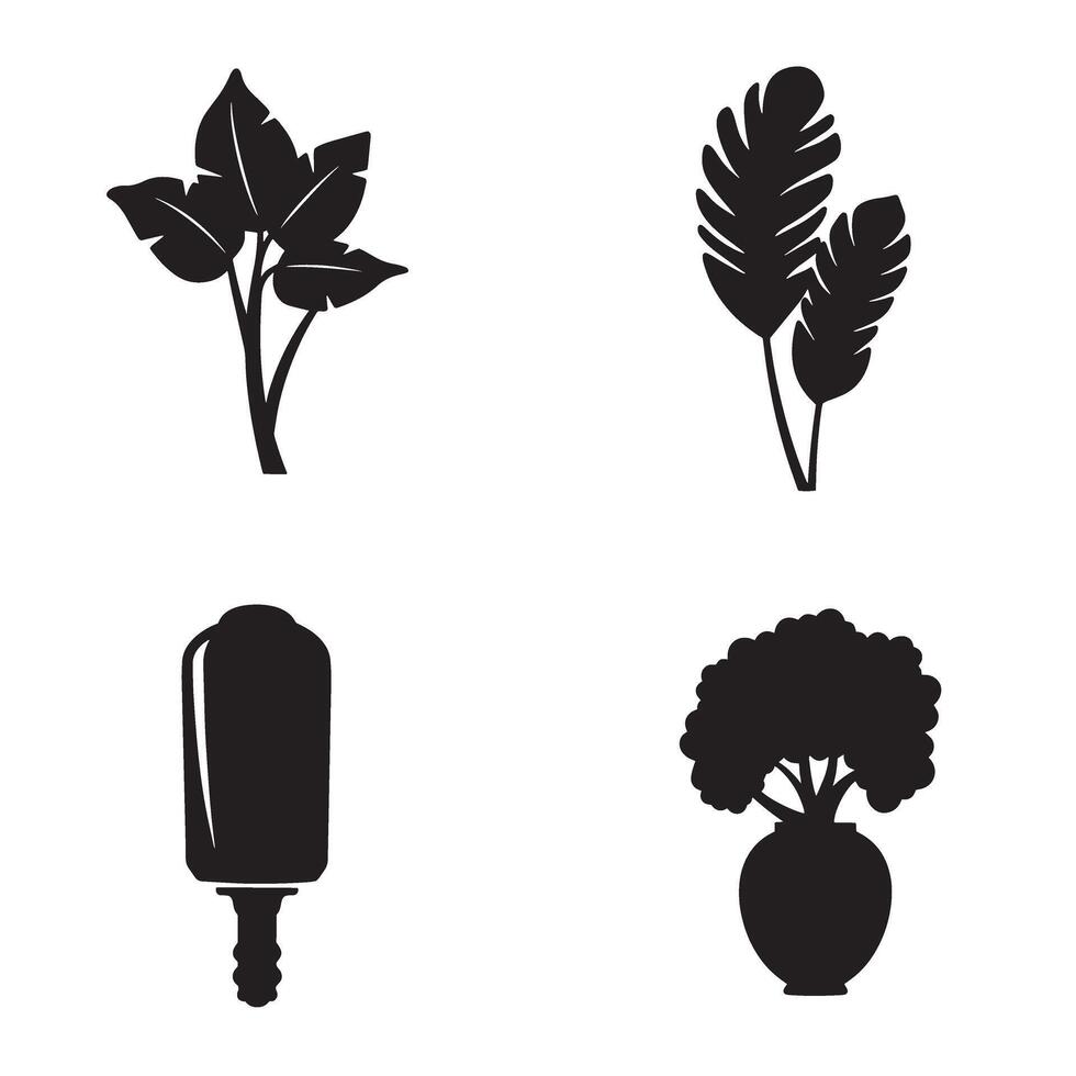 Collection of black plant silhouettes including leaves palms plants ice pop and potted bush decorations on white background vector