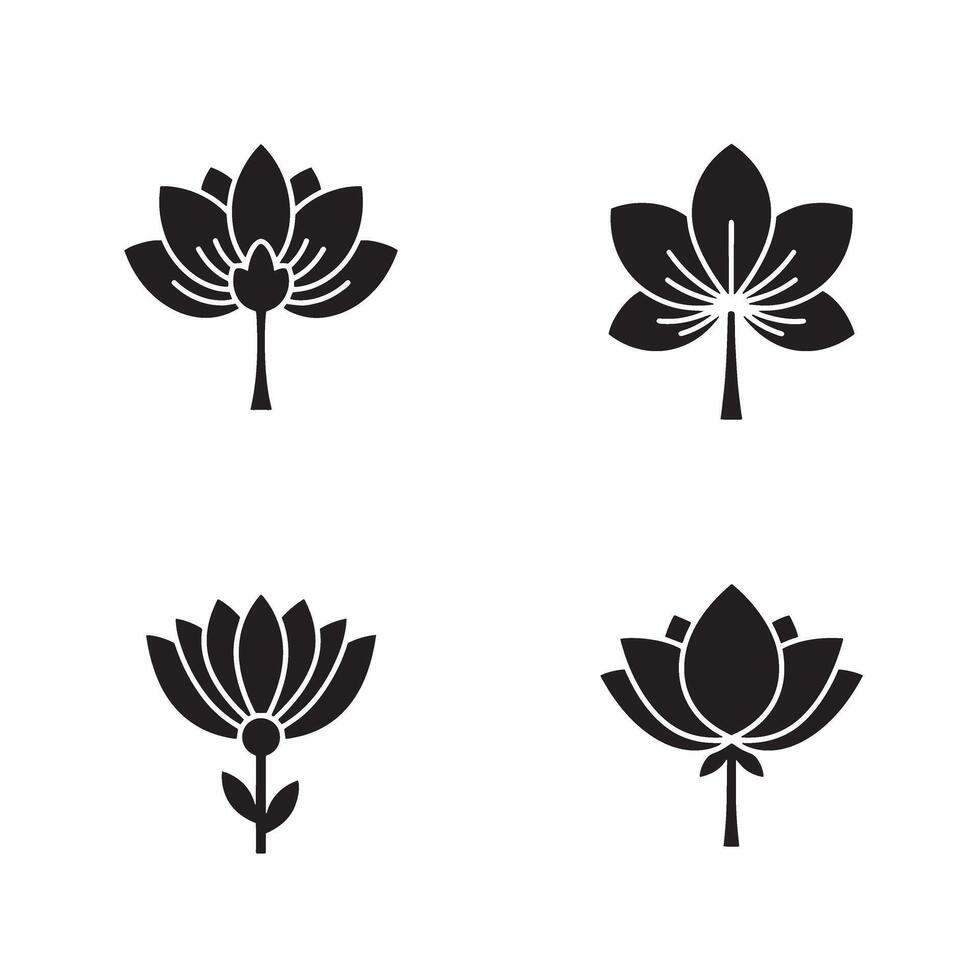Minimalist black lotus and flower blossom icons set in art for design elements and decoration vector