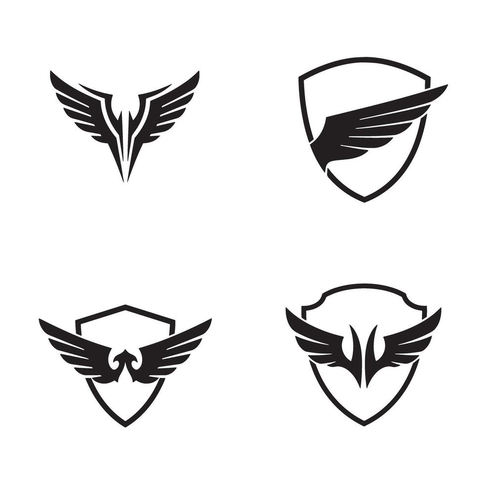 Set of four black wing and shield logos ideal for heraldry emblem brand identity and graphic design vector