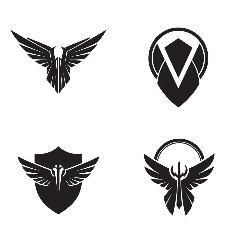 Set of heraldic eagle emblem designs featuring wings and shields in a minimalist style vector