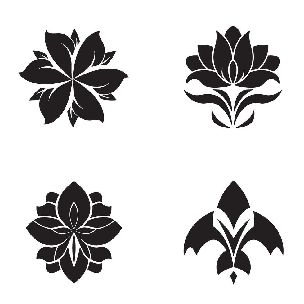 Black floral design elements including lotus and stylized flower shapes suitable for various design applications and projects. vector