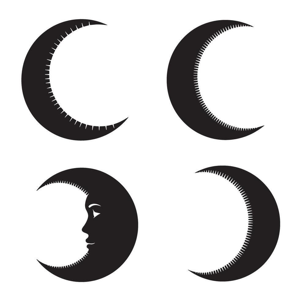 Collection of moon crescent silhouettes in black and white showing different phases and face details on a white background vector