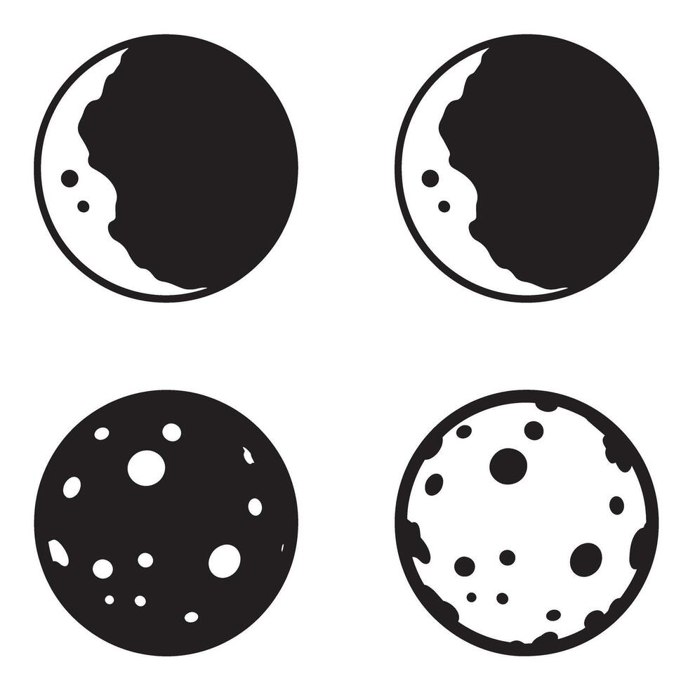 Illustration depicting the various phases of the moon with simple black and white graphic designs on a white background vector