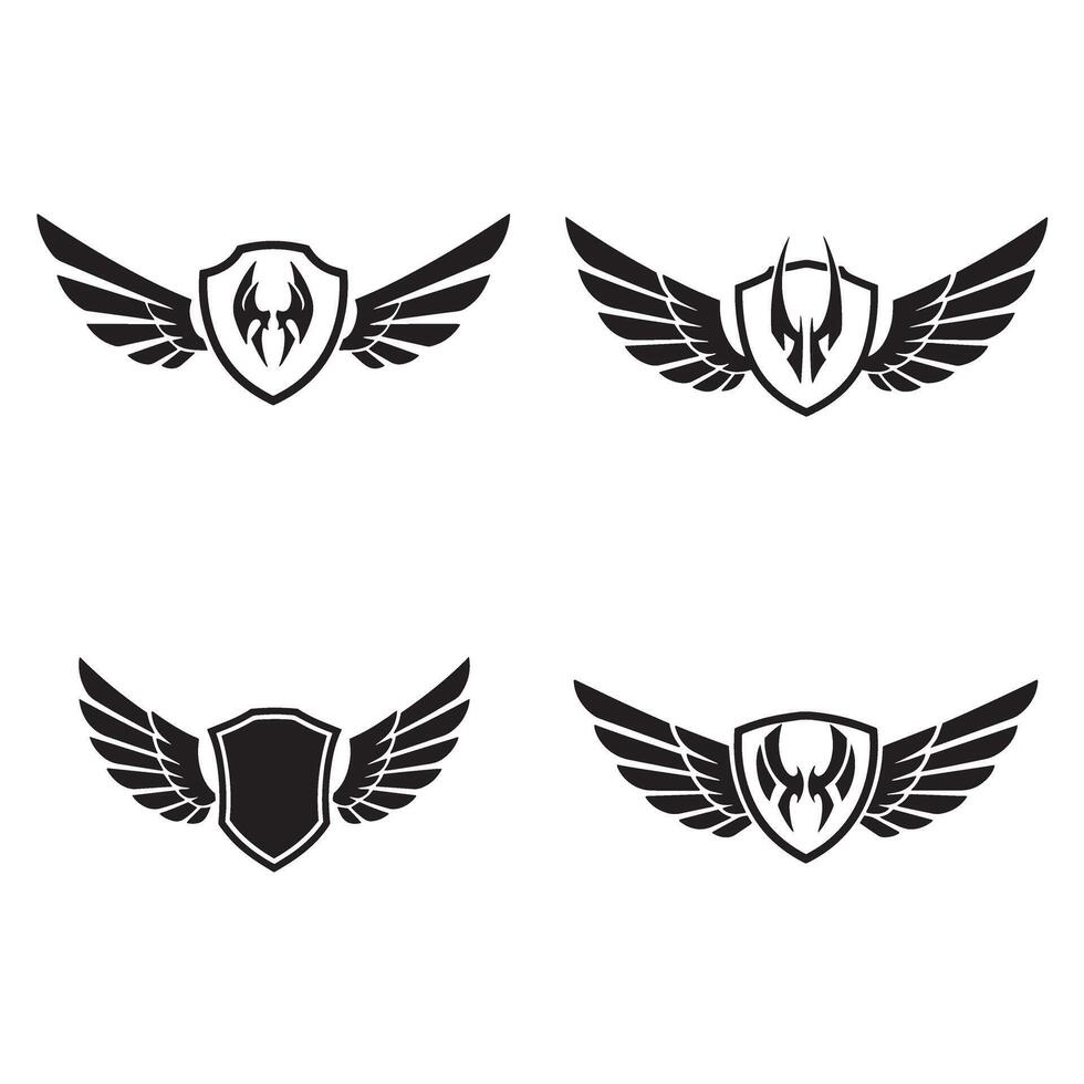 Set of four winged shield logos featuring heraldic designs for branding and decorative purposes in black and white vector