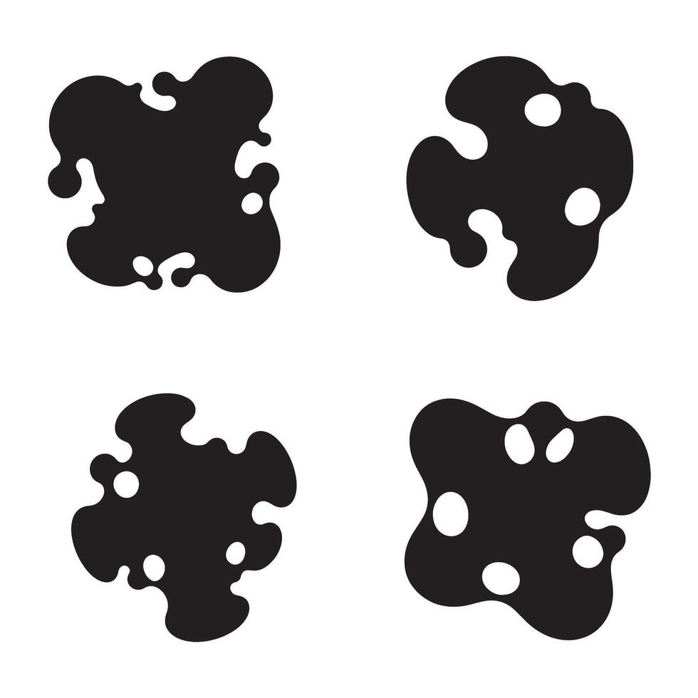 Four abstract black shapes with white circles representing dynamic forms and creative graphic design elements vector