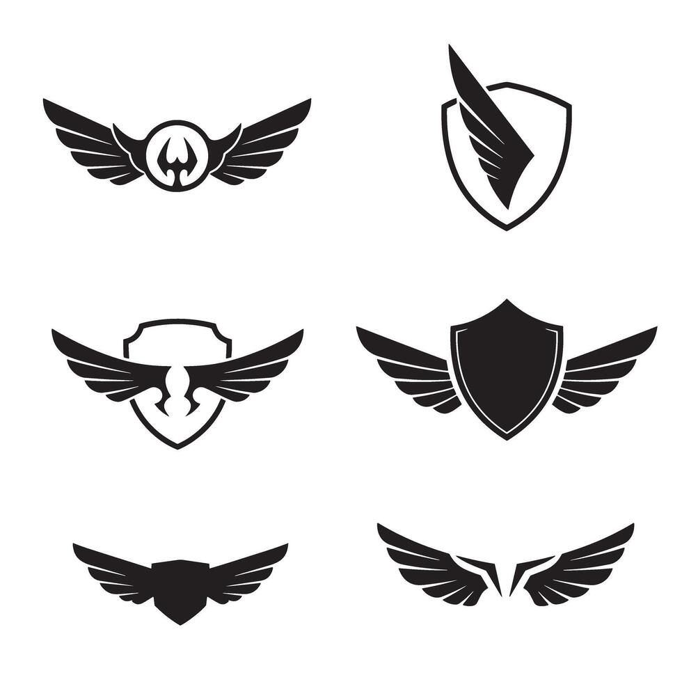 Collection of six black winged crests and heraldic shield emblems for design and decorative applications vector