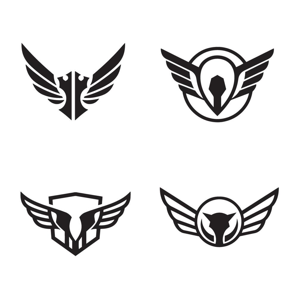 Set of four minimalist winged logos in black and white ideal for branding and emblem design concepts vector