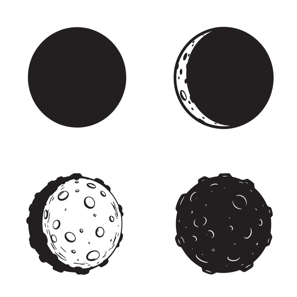 illustration of four black and white hand drawn planets depicting celestial bodies with various textures vector