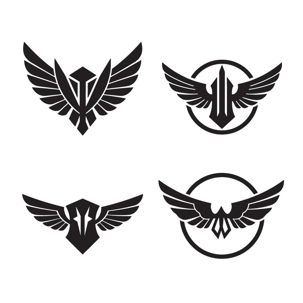 Four distinct wing and shield emblem designs format suitable for logos and branding purposes set against a white background vector