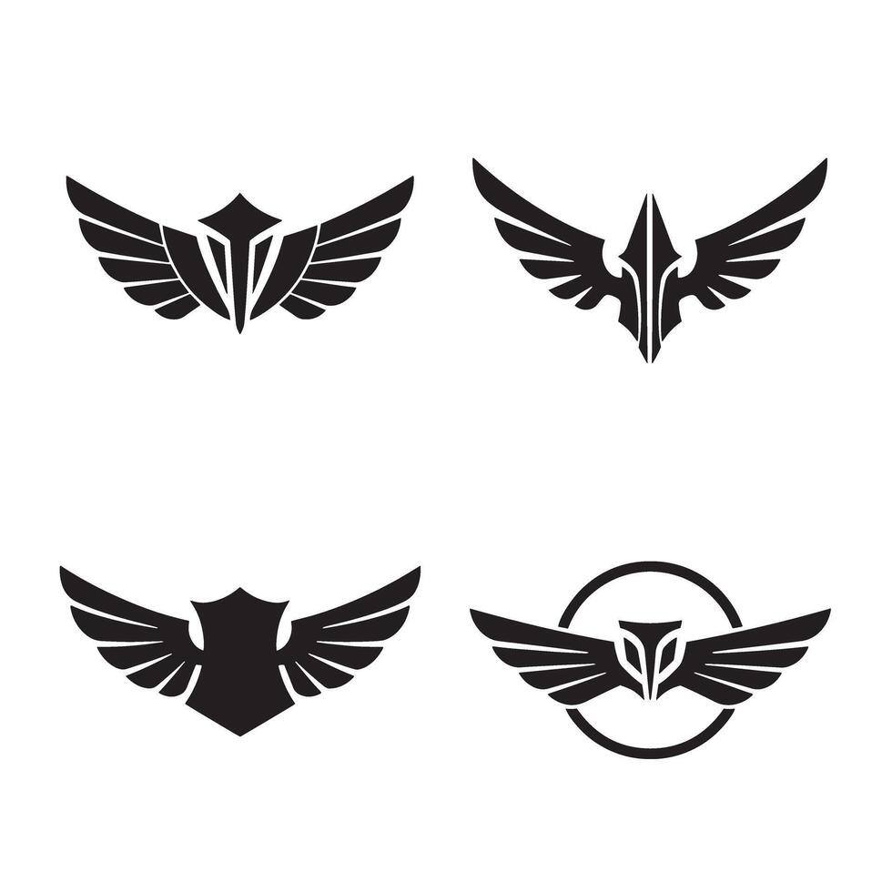 Set of four black winged emblems featuring heraldic designs suitable for branding and logo creation purposes vector
