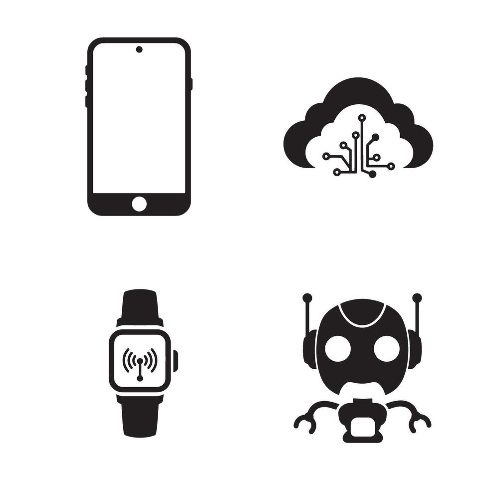 Modern technology and artificial intelligence icons in simple black and white vector