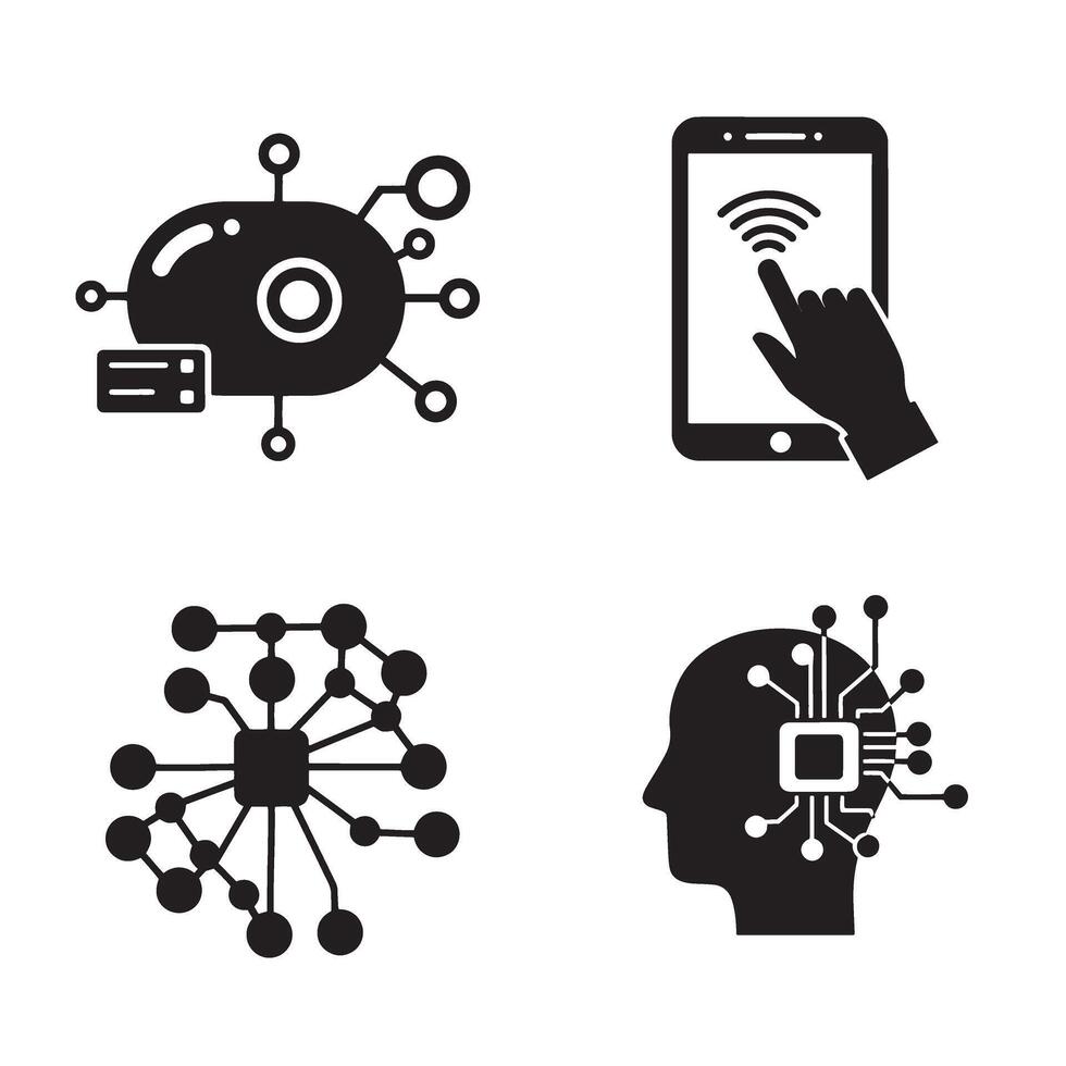 Modern technology concept icons featuring circuit boards wireless communication and smartphone interaction representing digital innovation vector