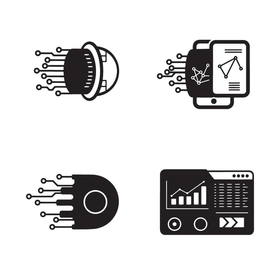 Collection of modern technology icons featuring circuit board smartphone and data analysis elements in a minimalist monochrome design. vector