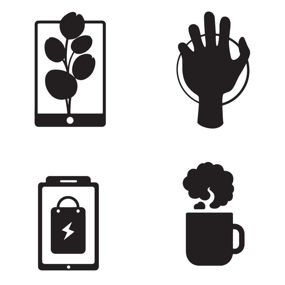 Modern black and white icon set featuring nature and technology elements vector