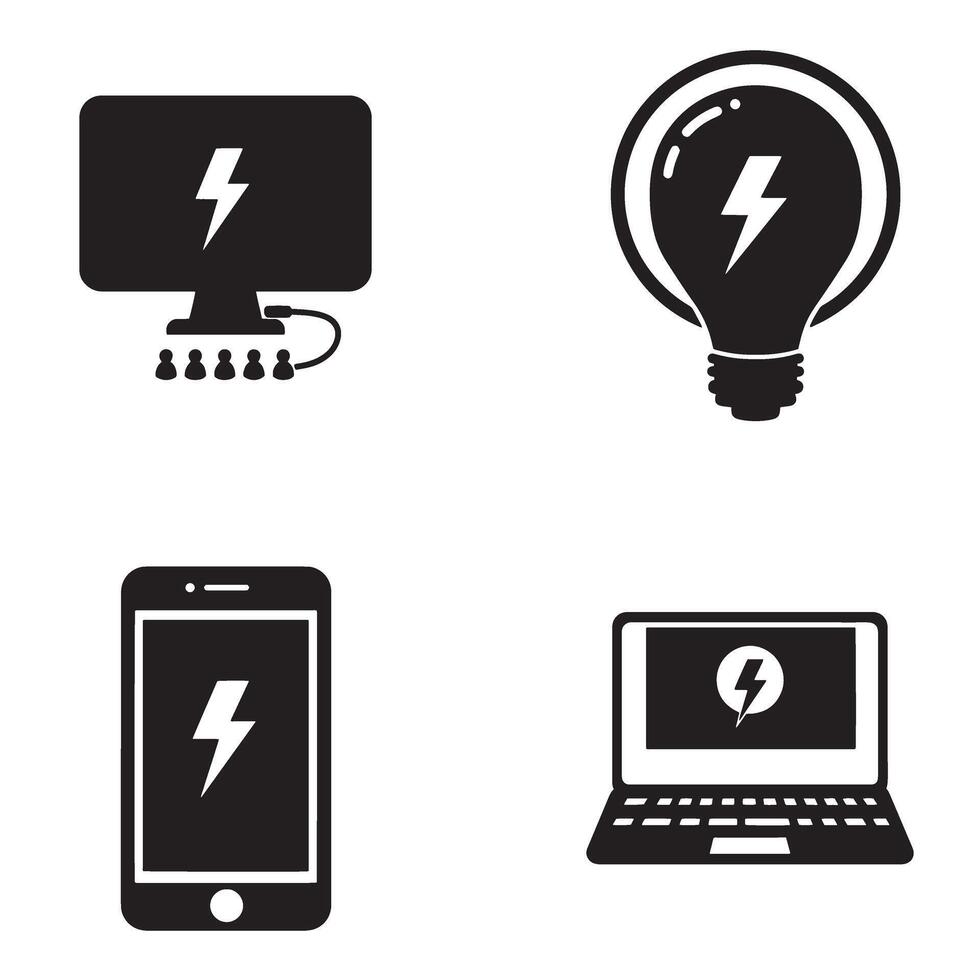 Black and white icons representing technology energy and electric power symbols in different devices vector