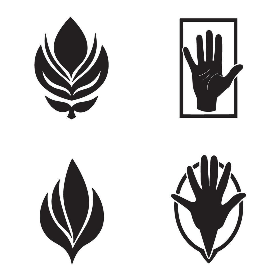 Black and white modern logo concepts featuring hand and leaf elements on a white background perfect for branding vector