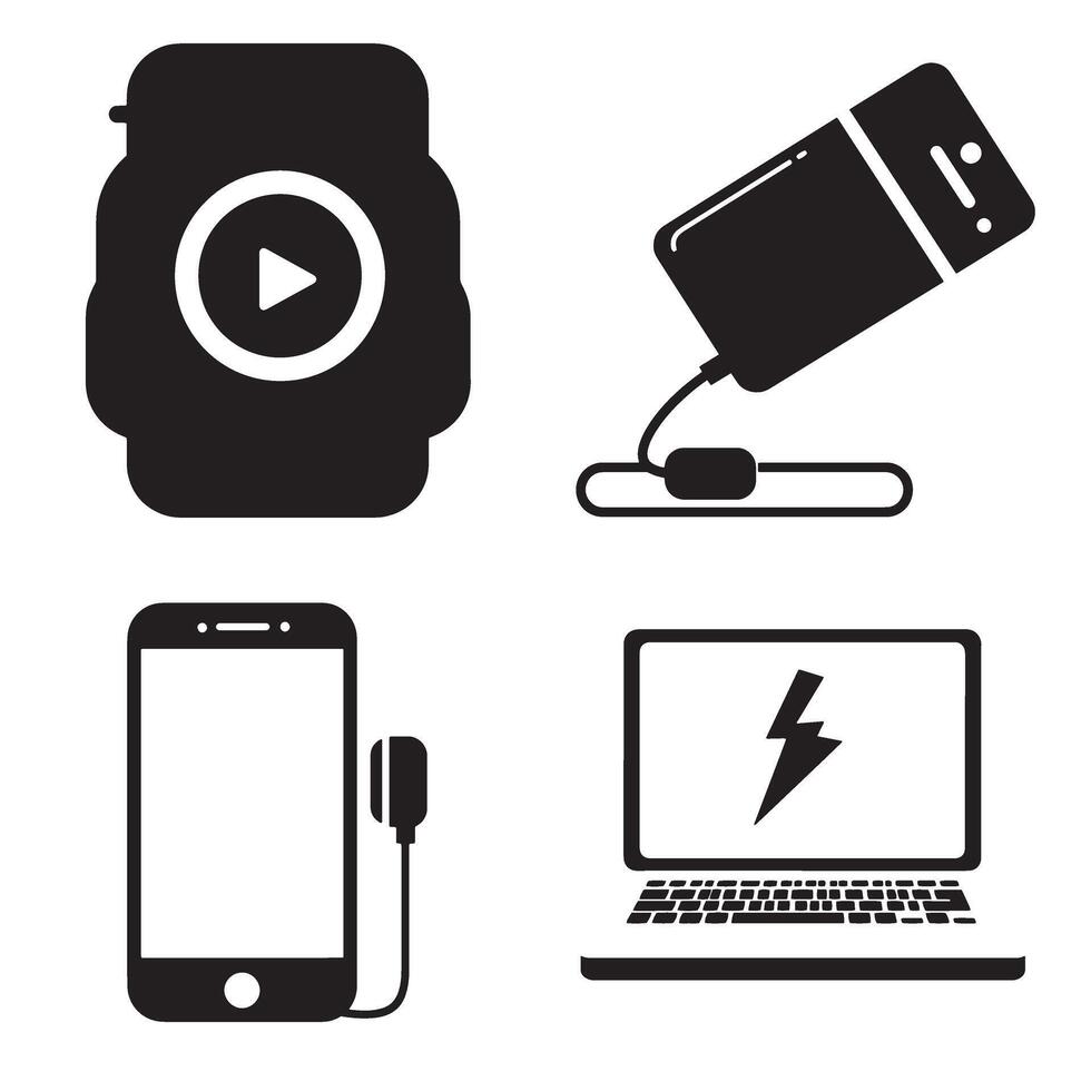 Minimalist icon set representing modern technology and connectivity devices in monochrome vector