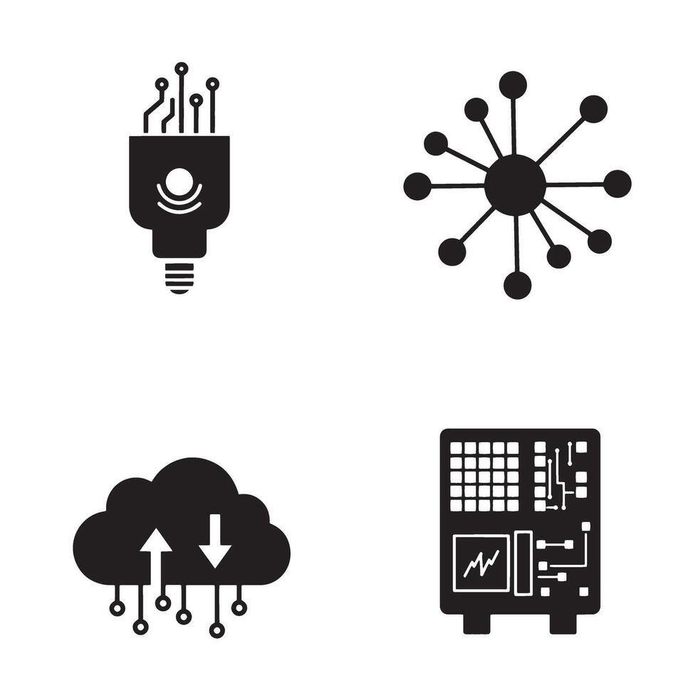 Modern technology and cloud computing icons in monochrome silhouettes vector