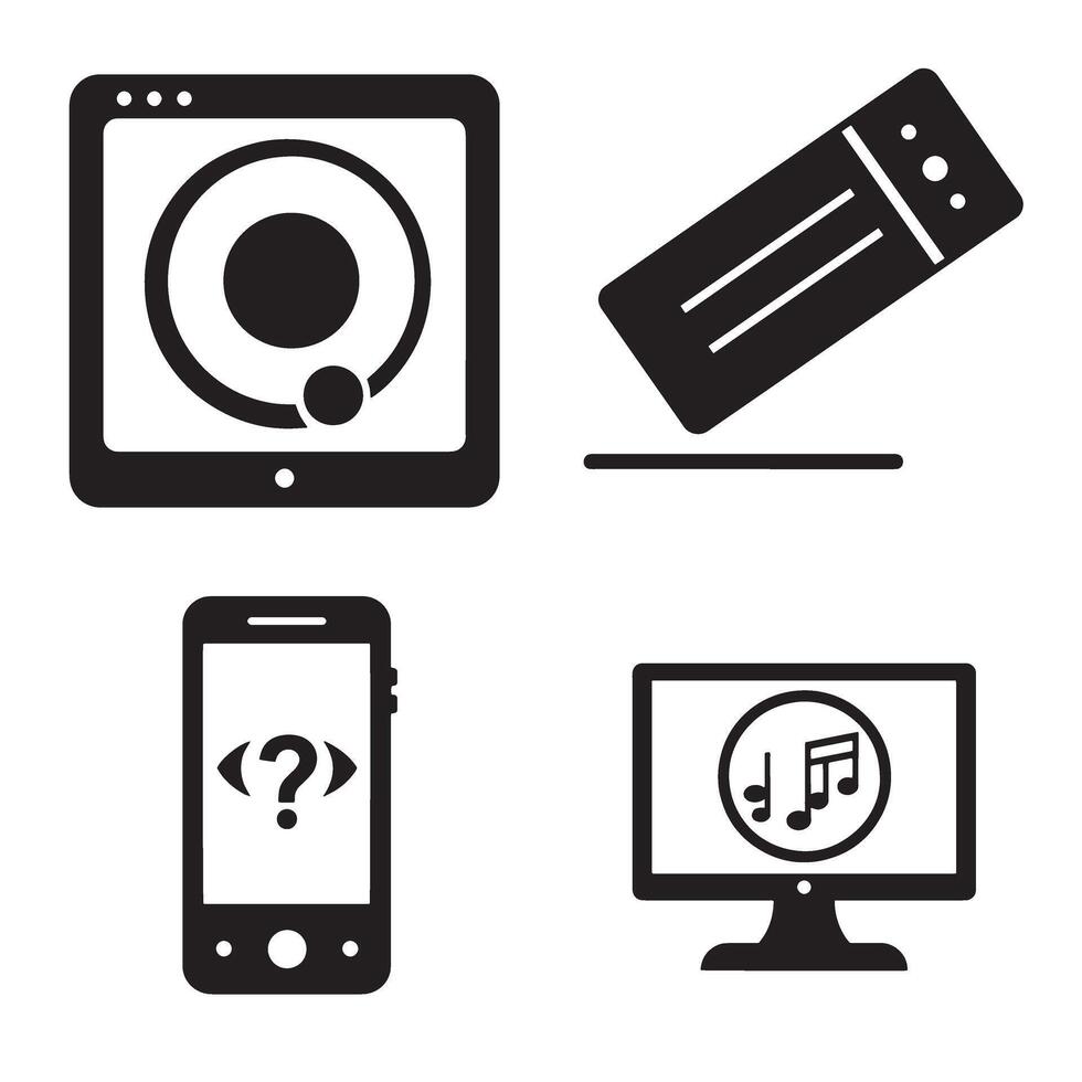 Black and white icon set representing music ticket technology and assistance vector