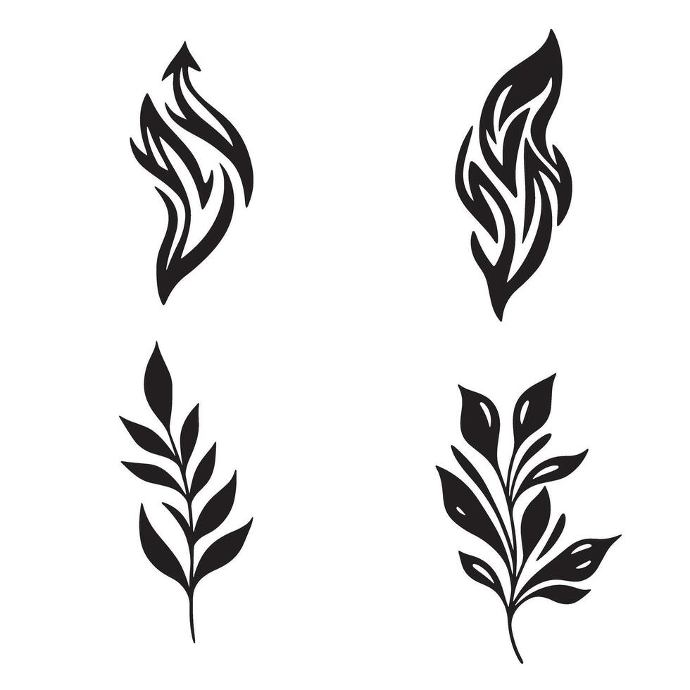 Black and white floral and abstract leaf elements set on white background vector
