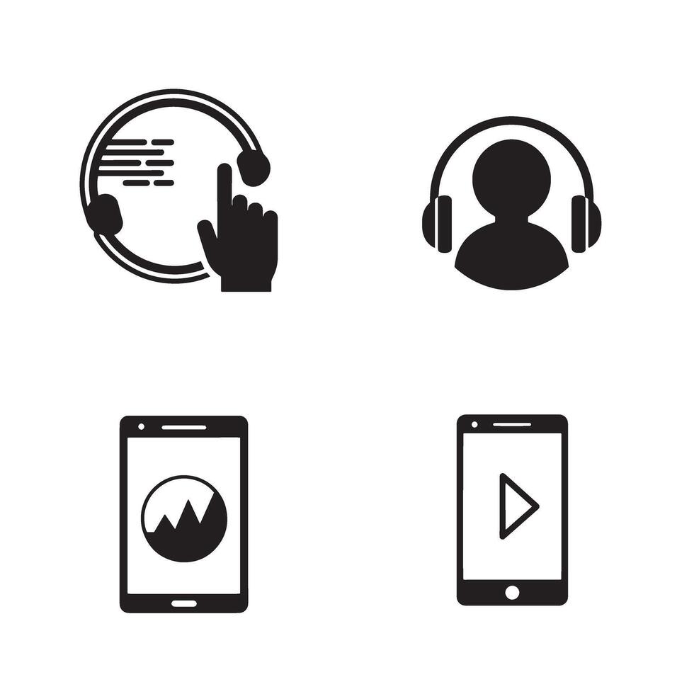 Simple black and white illustrations of music player devices and listening icons vector