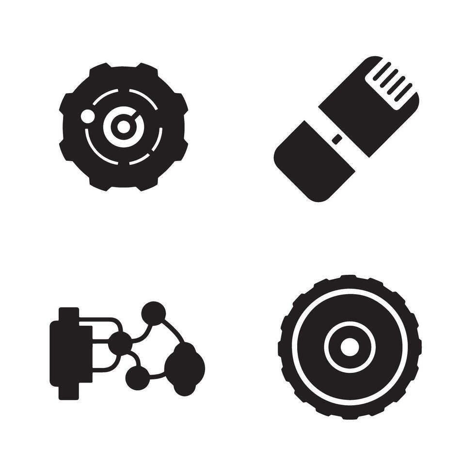 Icon set of gears mic technology and circuitry elements in simple black and white style vector
