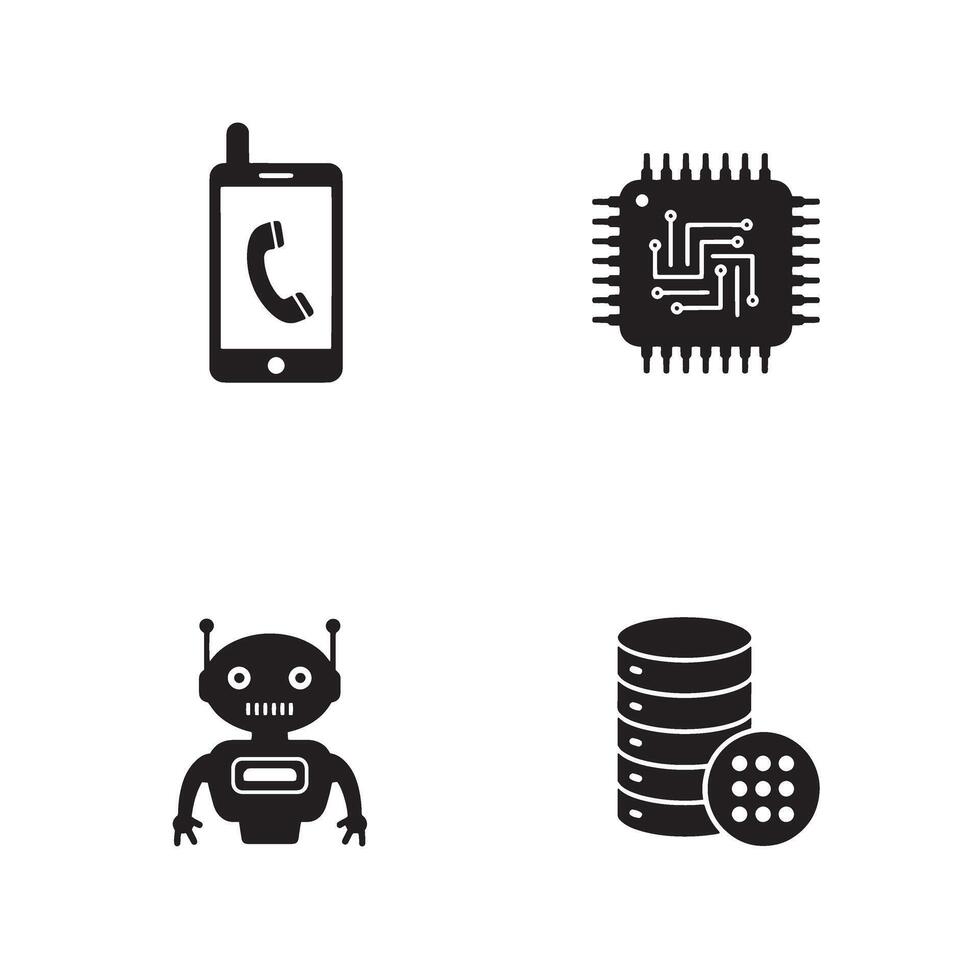 Technology icons depicting modern communication and data storage in black and white vector