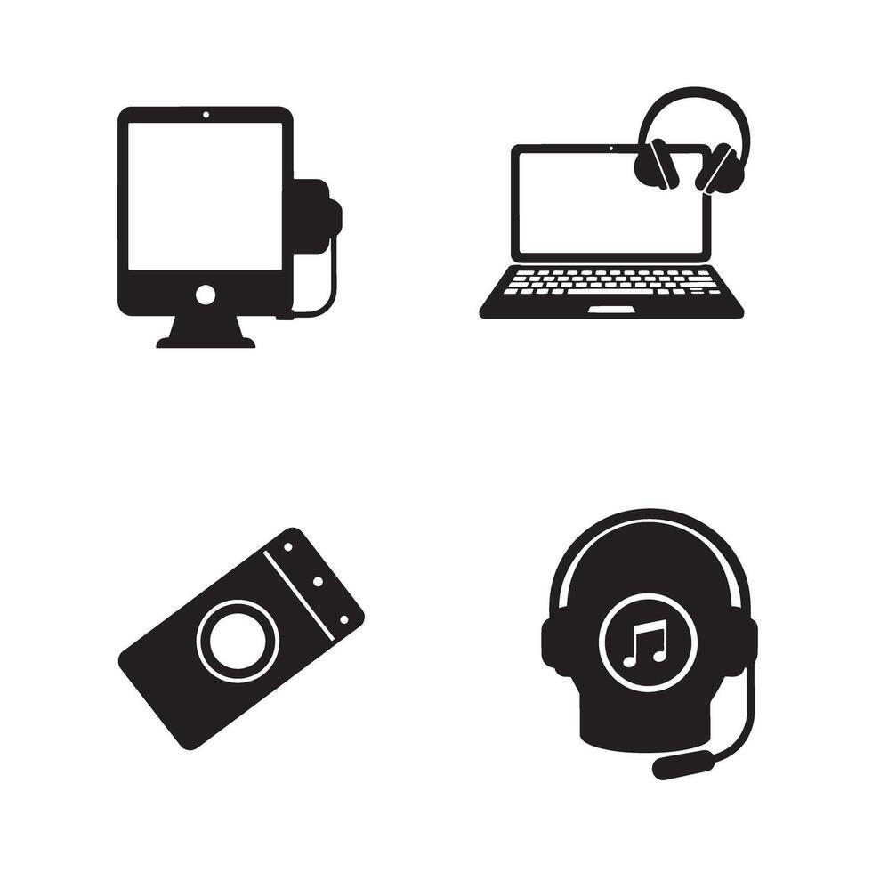 Technology and entertainment icons illustration of tablet laptop and headphones in black color vector
