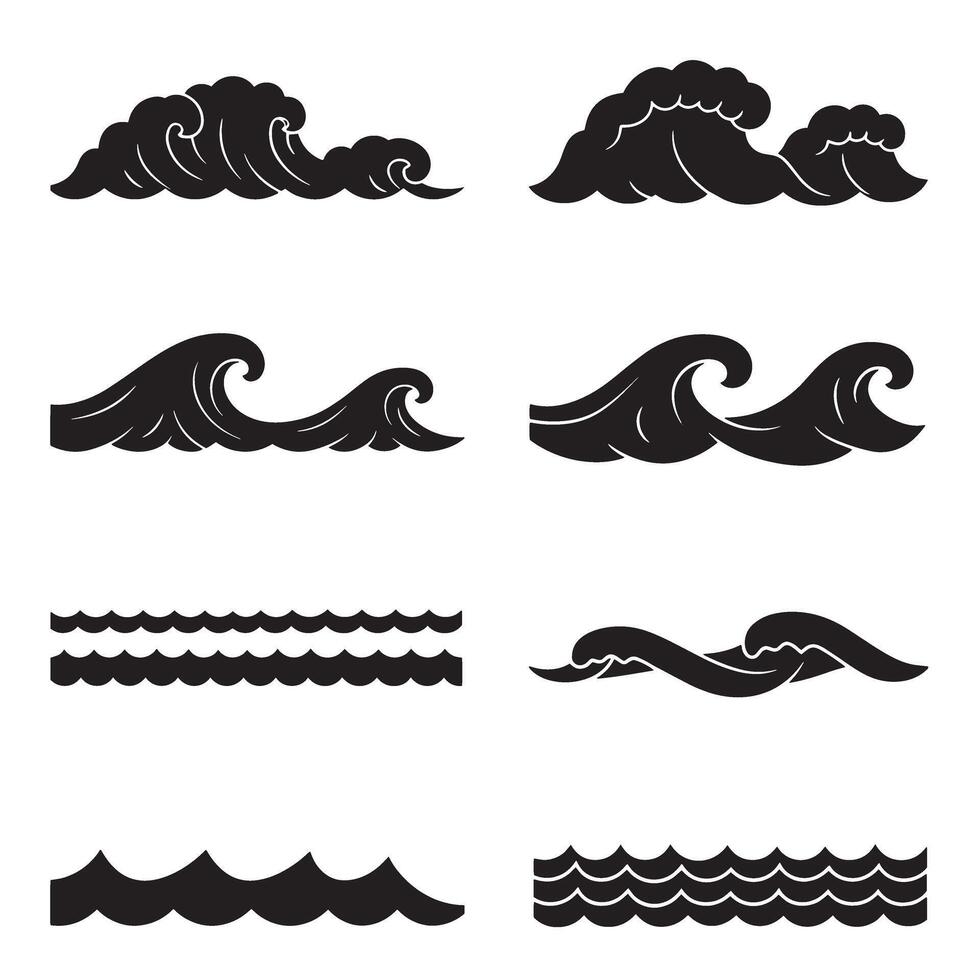 set of black and white wave illustrations for design and decorative elements vector
