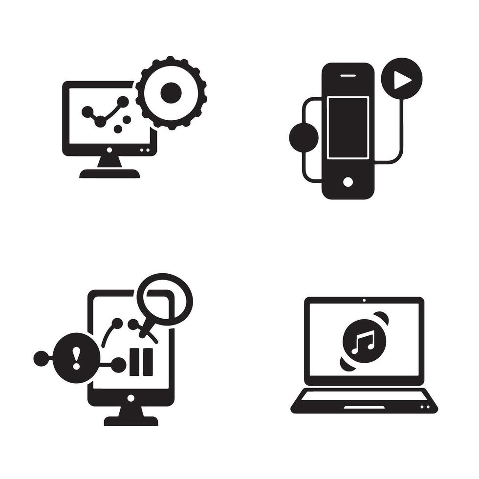 Set of icon illustrations representing technology data analysis and multimedia interaction design vector