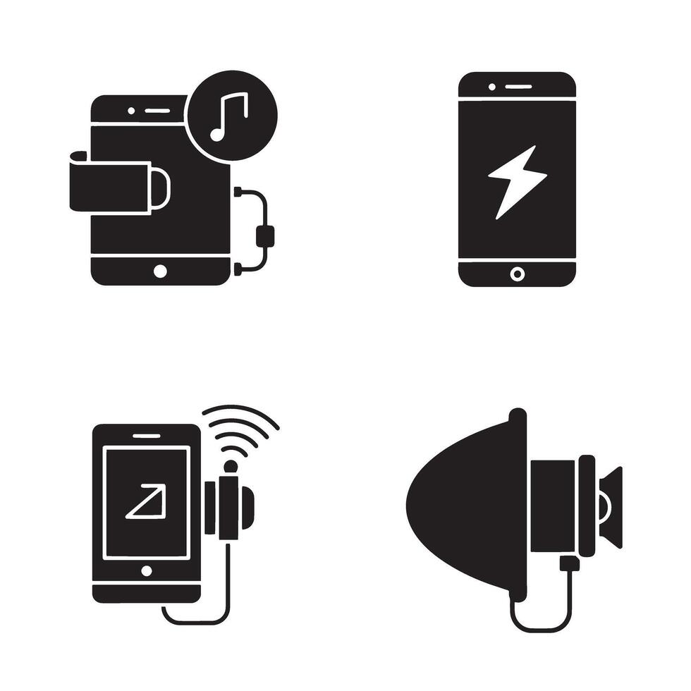 Set of black and white smartphone icons depicting various functionality and features vector