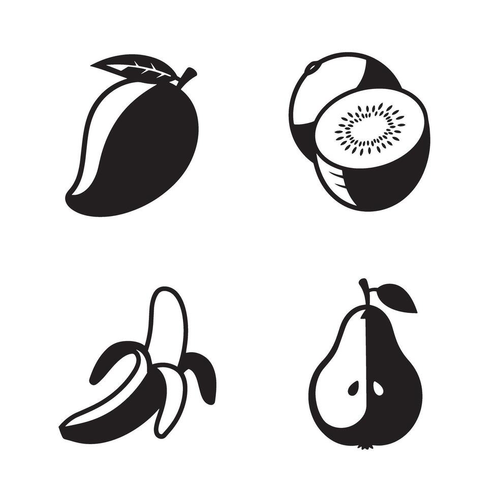 Black and white fruit illustrations featuring mango kiwi banana and pear isolated on white vector