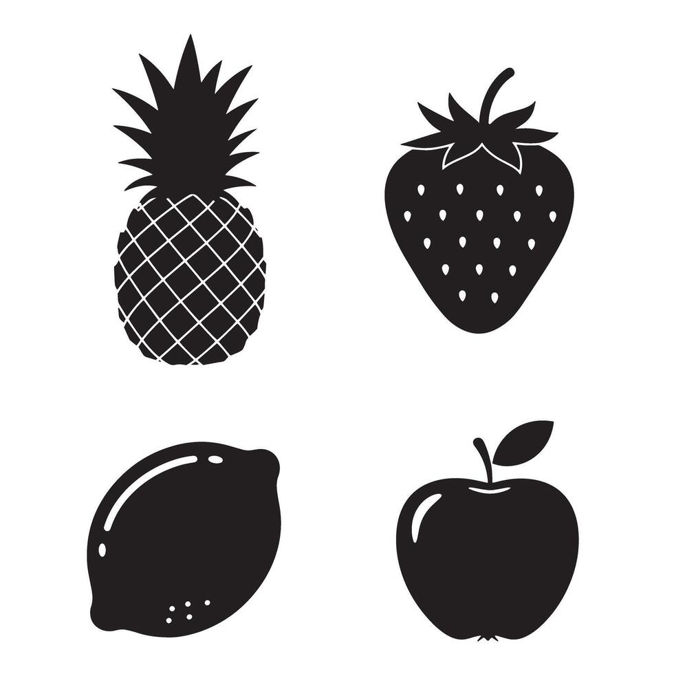 Simple black and white fruit silhouettes pineapple strawberry lemon and apple on white vector