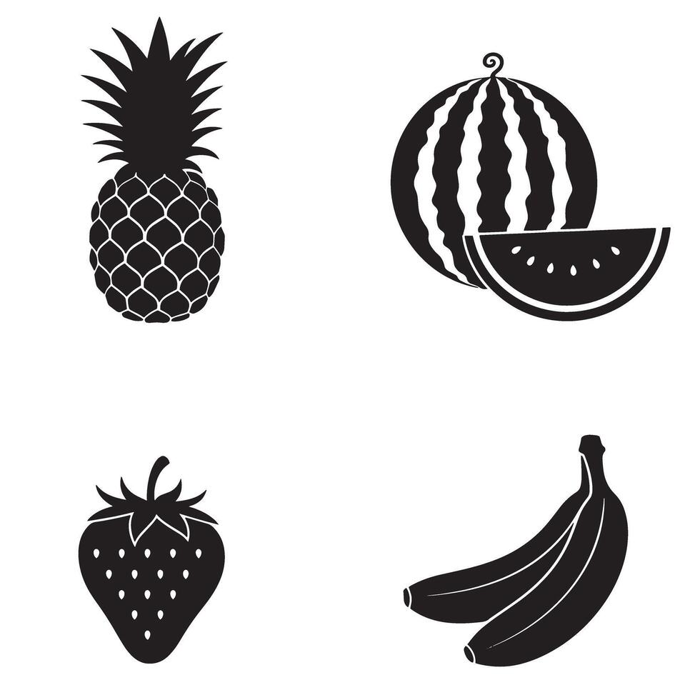 Black and white minimalist fruit collection pineapple watermelon strawberry banana illustration vector