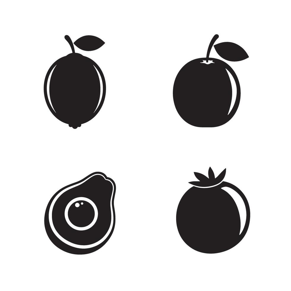 illustrations of various fruits and vegetables in simple black and white design vector