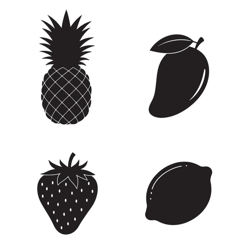 Black and white silhouettes of four popular tropical fruits pineapple mango strawberry and lemon vector