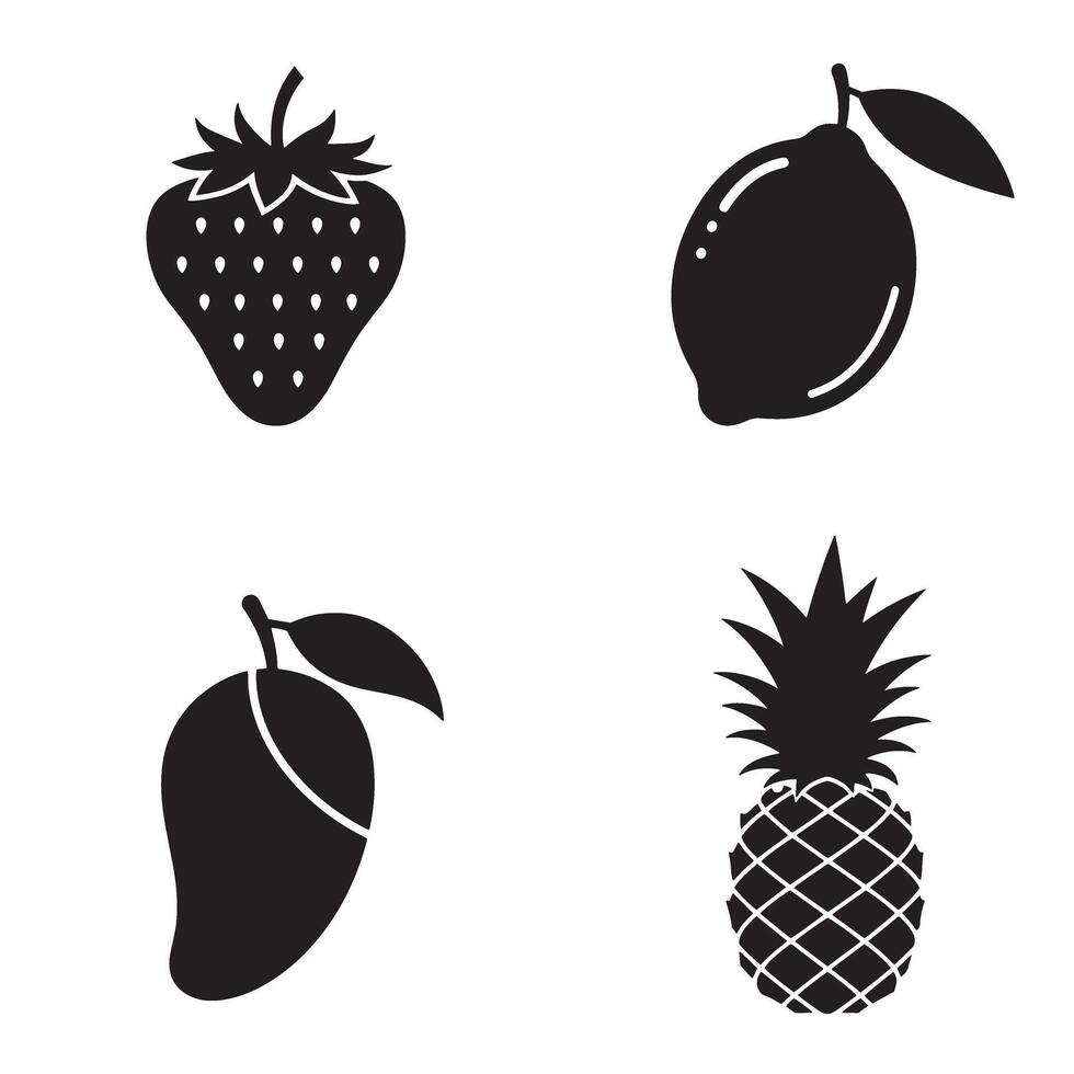 Black silhouettes of strawberry lemon mango and pineapple fruits on white background vector