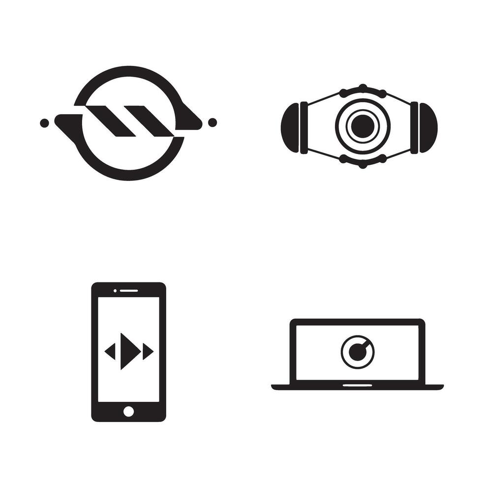 Modern technology icons representing data transfer, multimedia content, and communication across digital devices in simple black and white designs vector