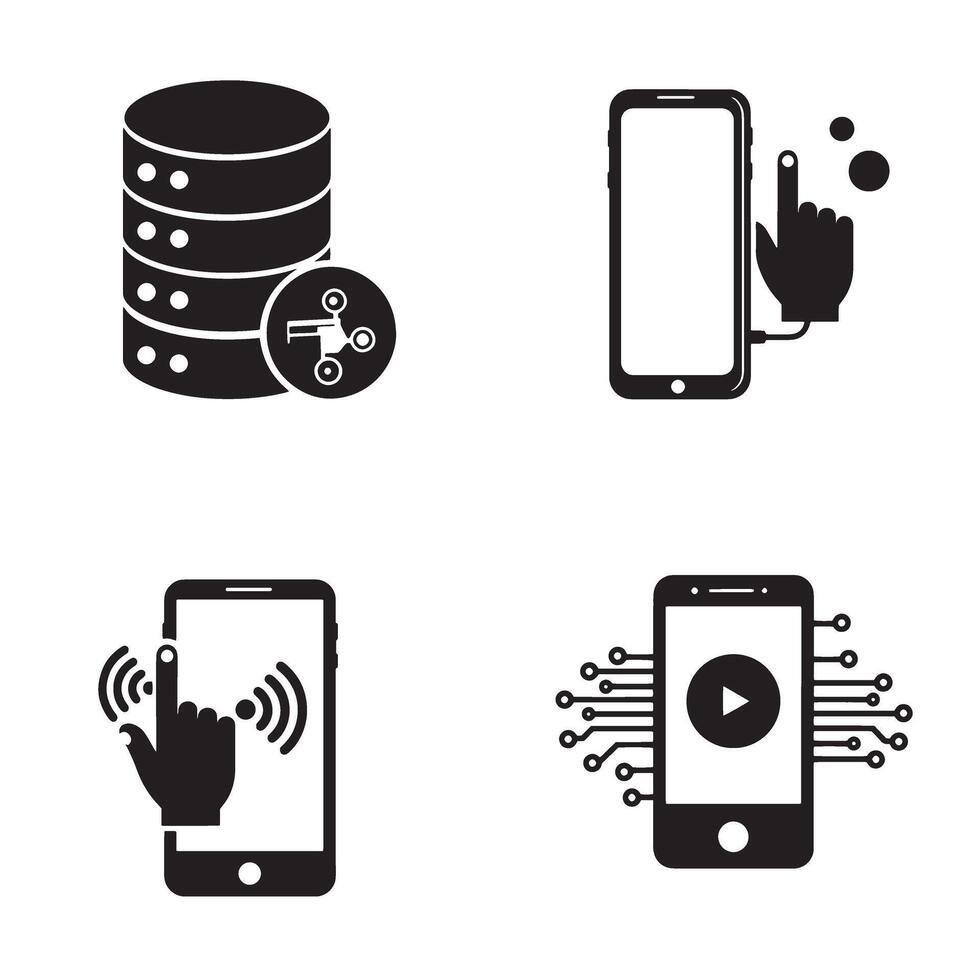 Modern technology concepts depicted with smartphone interfaces data servers and network connections in black and white vector
