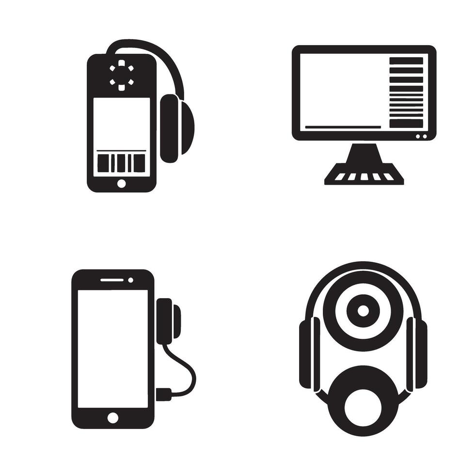 A collection of modern technology icons including smartphones headphones and a computer monitor in black and white vector