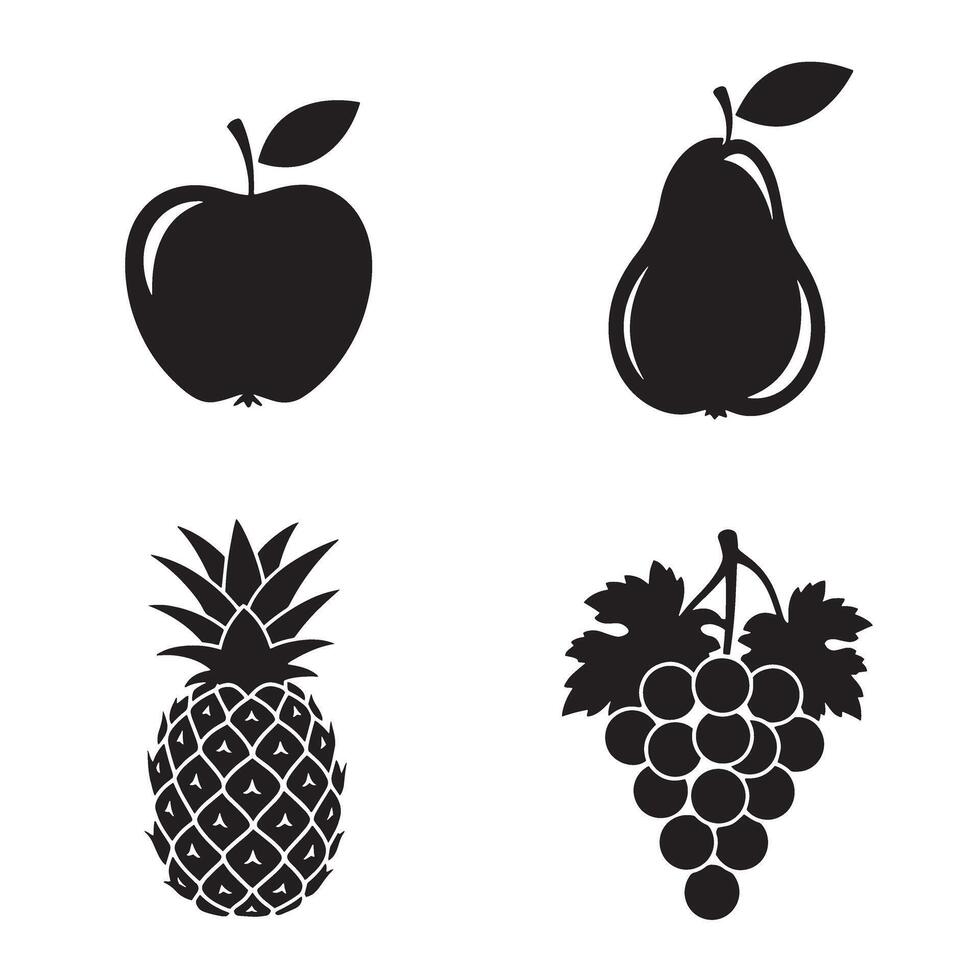 illustrations of an apple pear pineapple and grapes in a minimalist black and white style vector