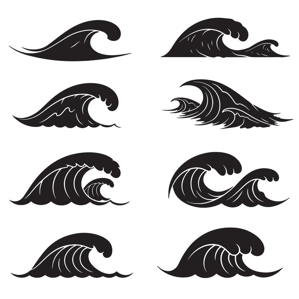 Black and white illustrations of wave designs for coastal and water themed projects vector