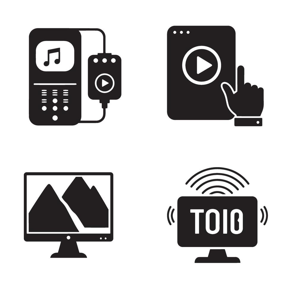 Monochrome digital media icons representing music content and digital transmission vector